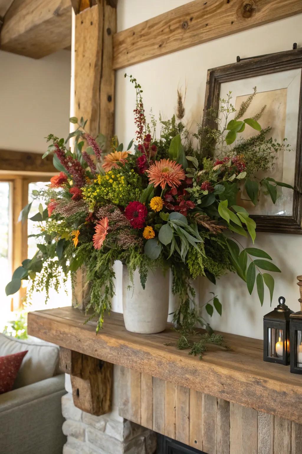 A flower arrangement with natural elements for added texture.