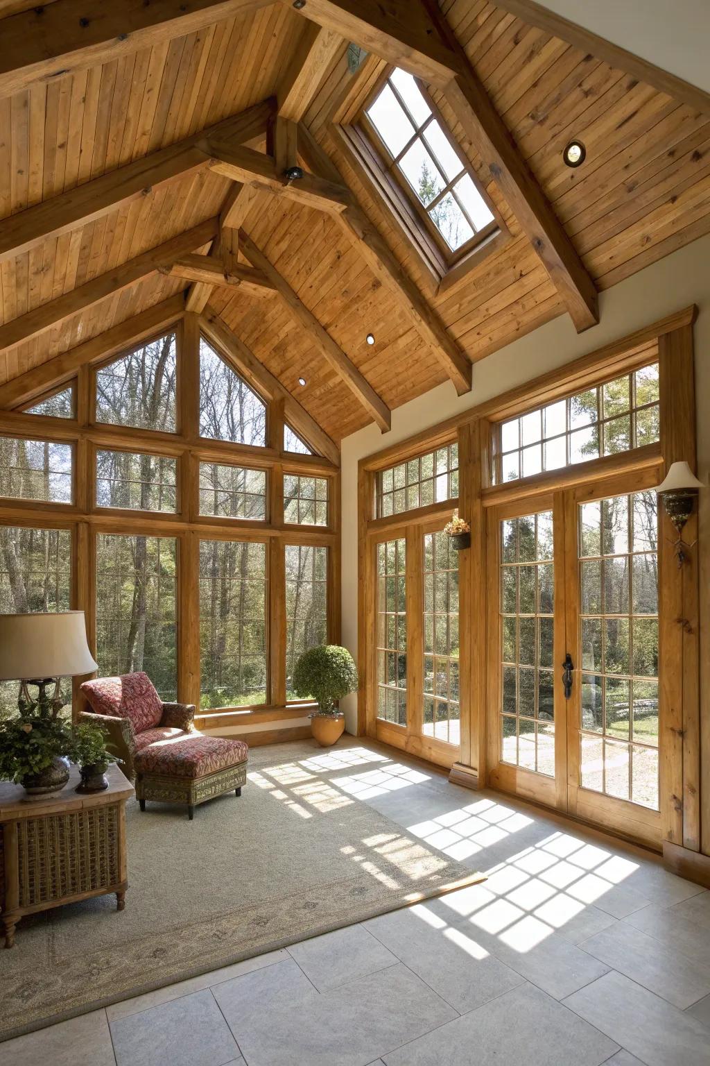 Vaulted ceilings with exposed beams add character to this sunroom.