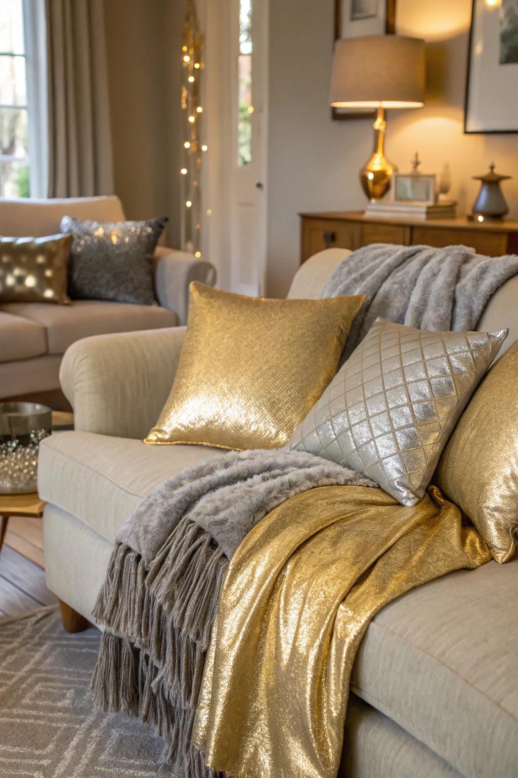 Metallic textiles offer a cozy yet sophisticated vibe.