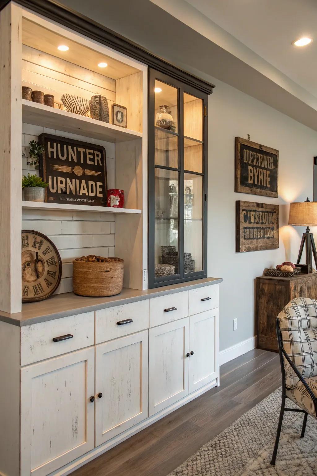 Vintage elements lend character and warmth to the modern hutch.