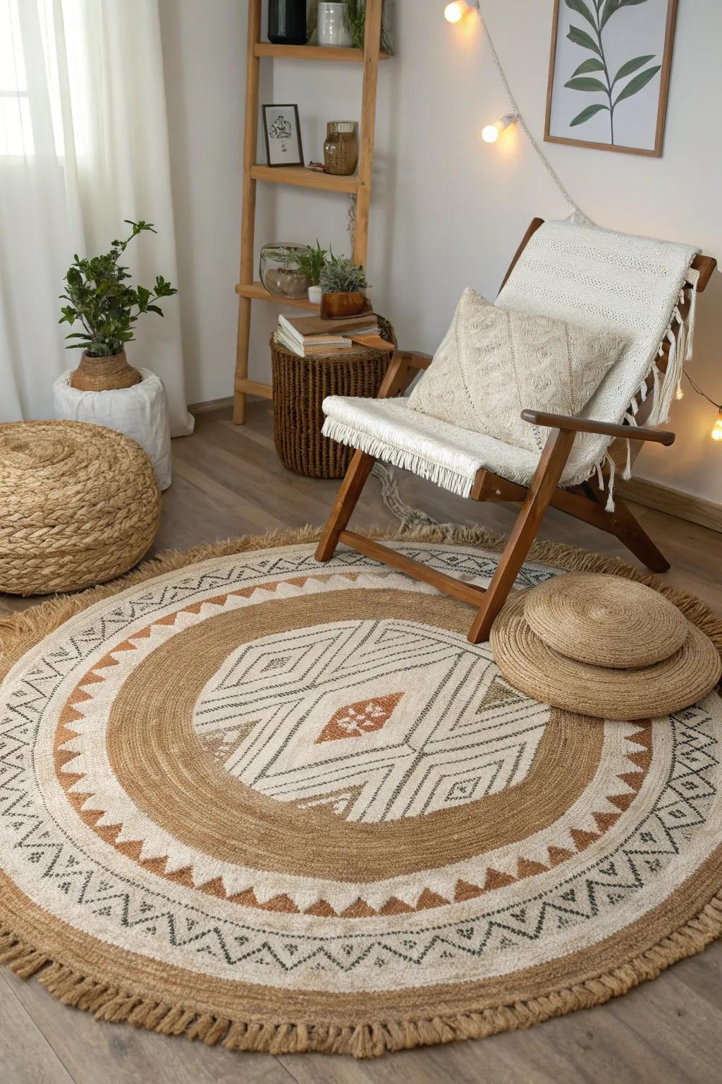 Layered rugs provide texture and a welcoming atmosphere.