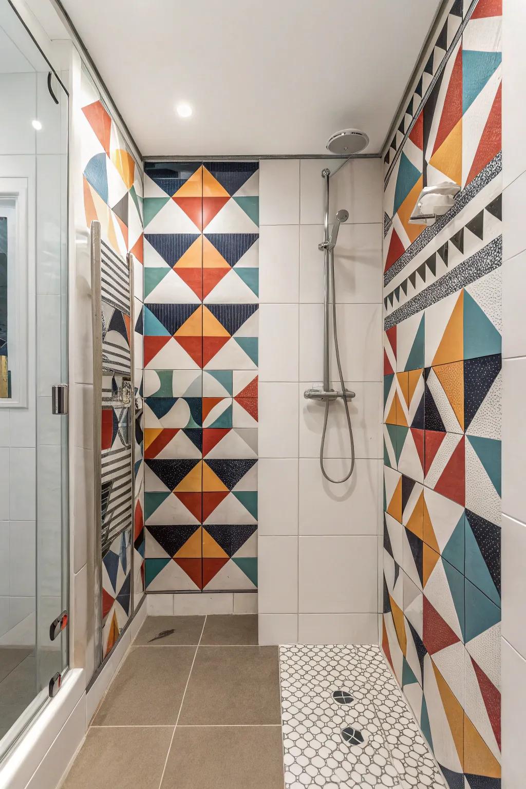 A shower featuring innovative geometric tile patterns for a bold look.