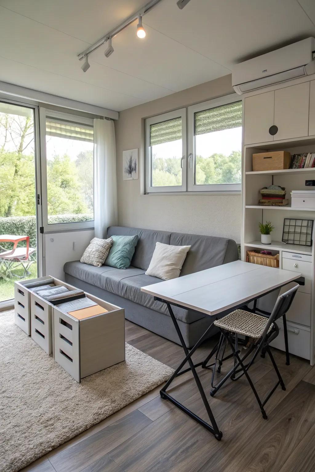 A functional layout in a small modern living room with multifunctional furniture.