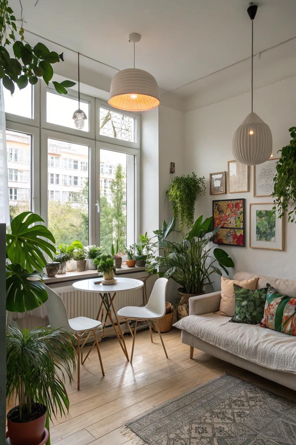 A studio apartment showcasing plants, modern lighting, and art pieces to add character.