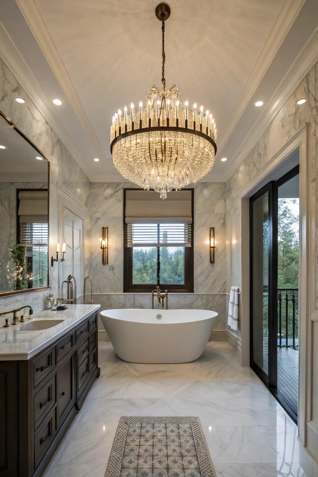 A statement chandelier that elevates bathroom elegance.