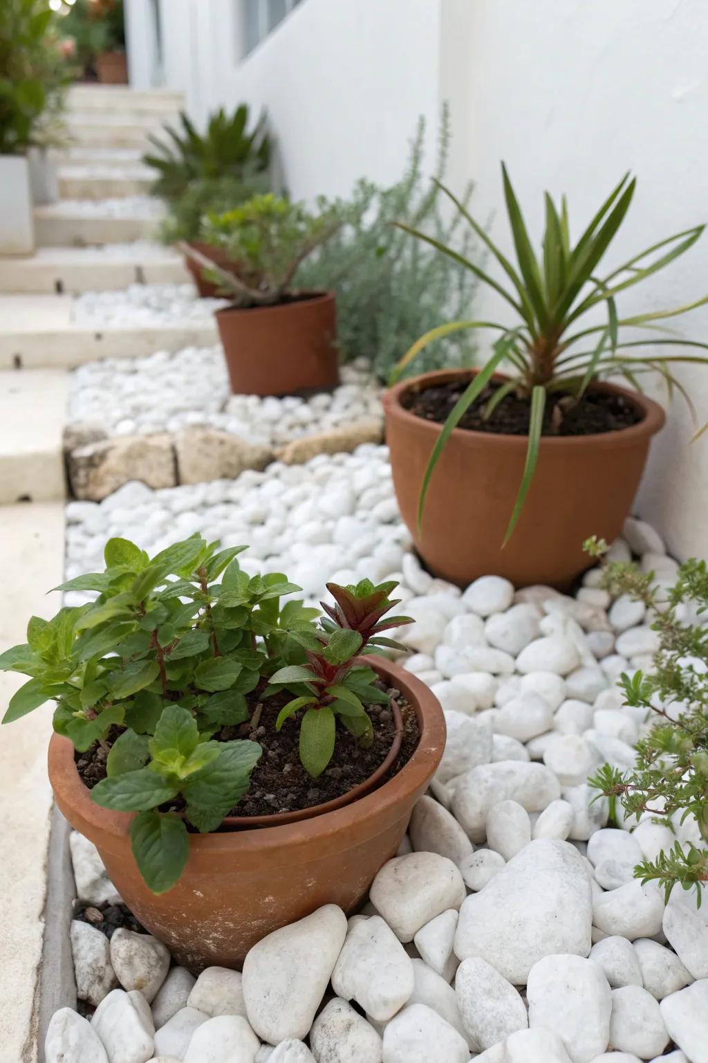 An arrangement of potted plants placed on a white rock bed, adding layers to the garden's design.