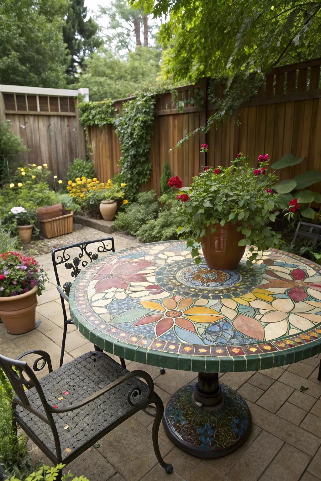 An outdoor mosaic table brings vibrant style to garden settings.