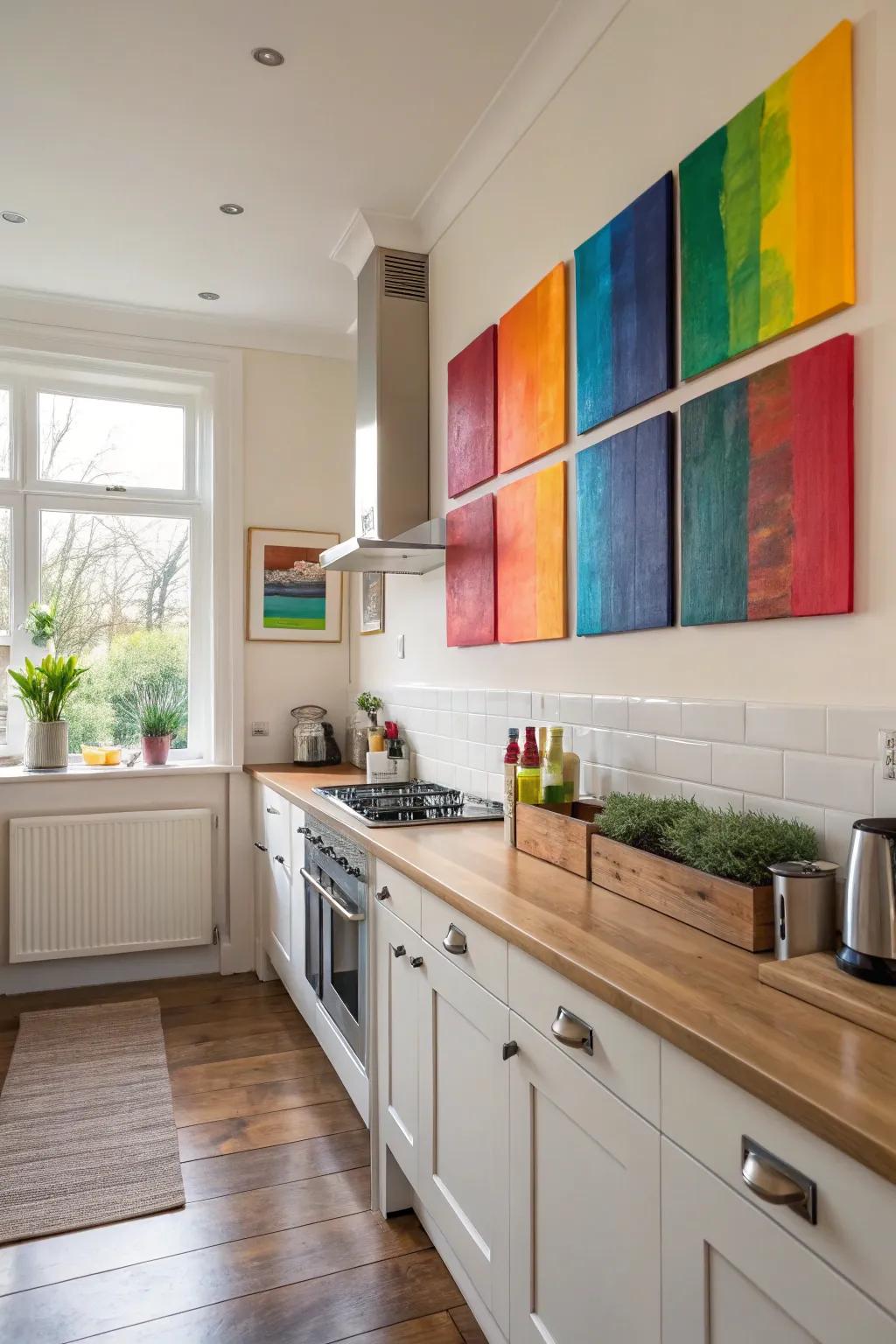 Abstract color blocks in red and orange, creating a lively and vibrant atmosphere in the kitchen.