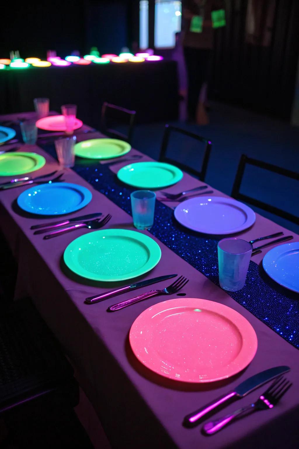 Neon-colored table settings glowing under blacklight, creating an eye-catching dining experience.