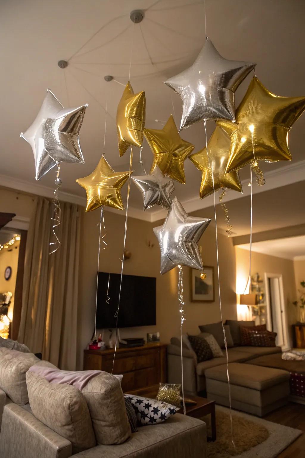 Star balloons adorning the ceiling, bringing a touch of magic to the New Year's festivities.