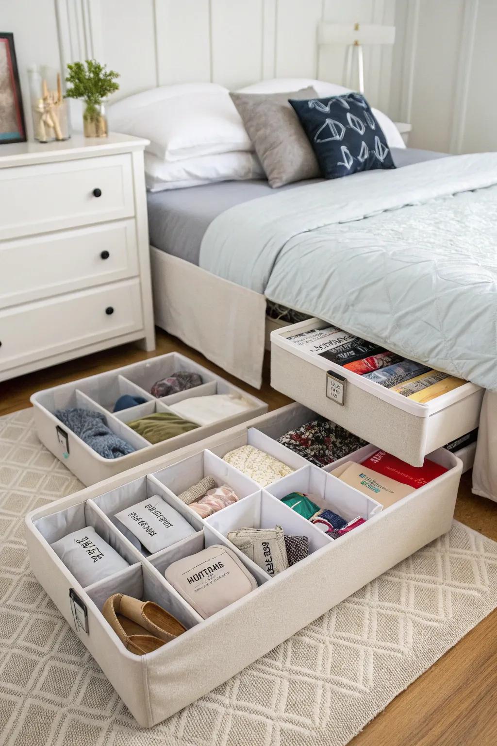 Under-bed storage keeps items handy yet hidden.