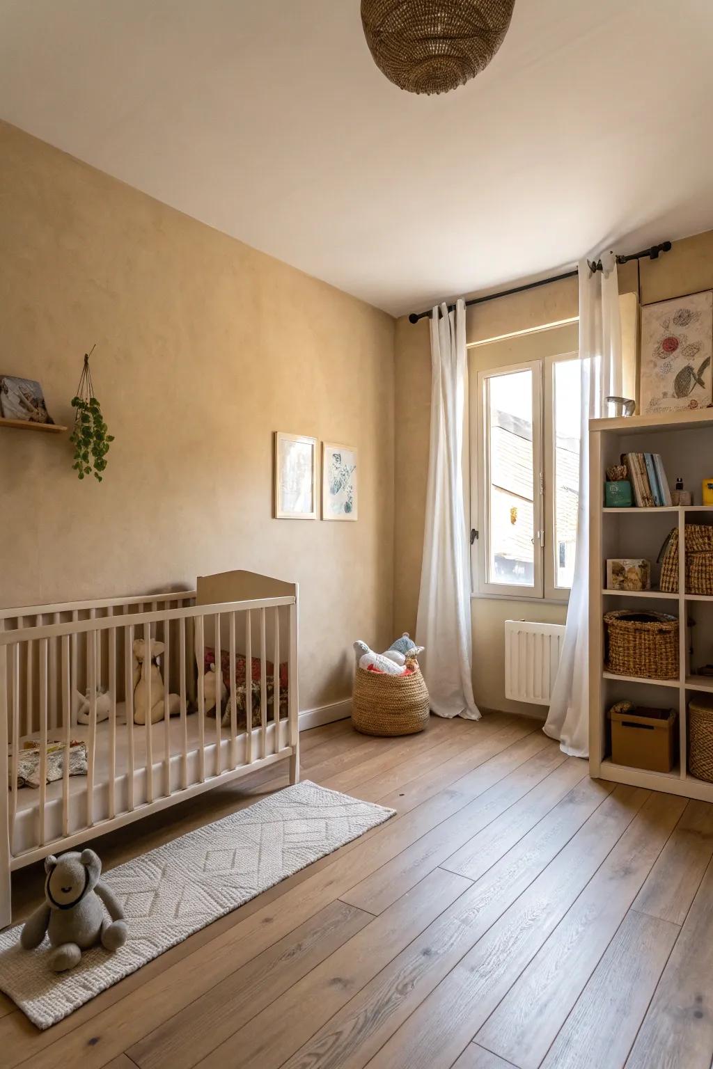 A timeless sandy beige nursery with warm undertones.