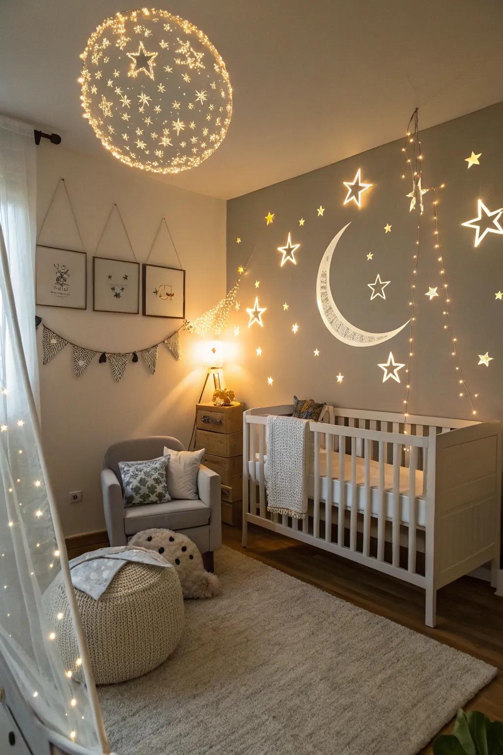 A nursery that captures the magic of the night sky with celestial elements.