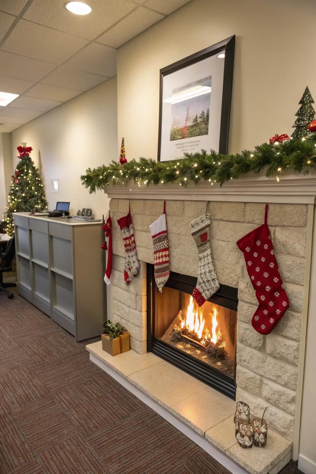 A cozy corner with a fireplace theme warms up any office.