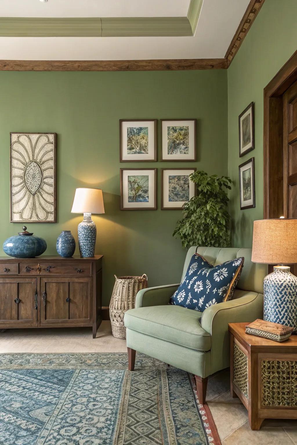 A harmonious blend of colors complements olive green walls.