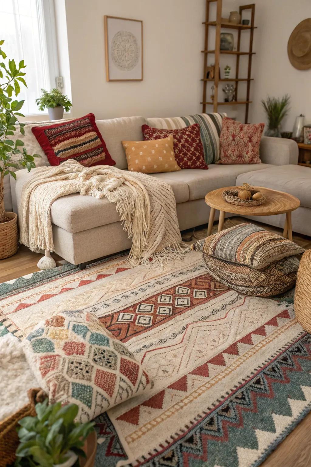 Layered textiles add warmth and texture.