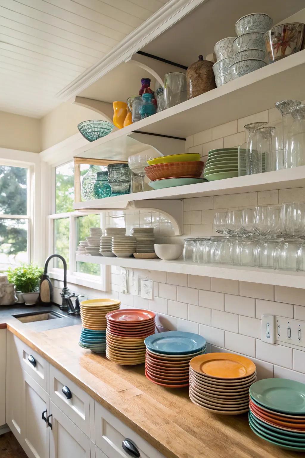 Open kitchen shelves beautifully display dishware