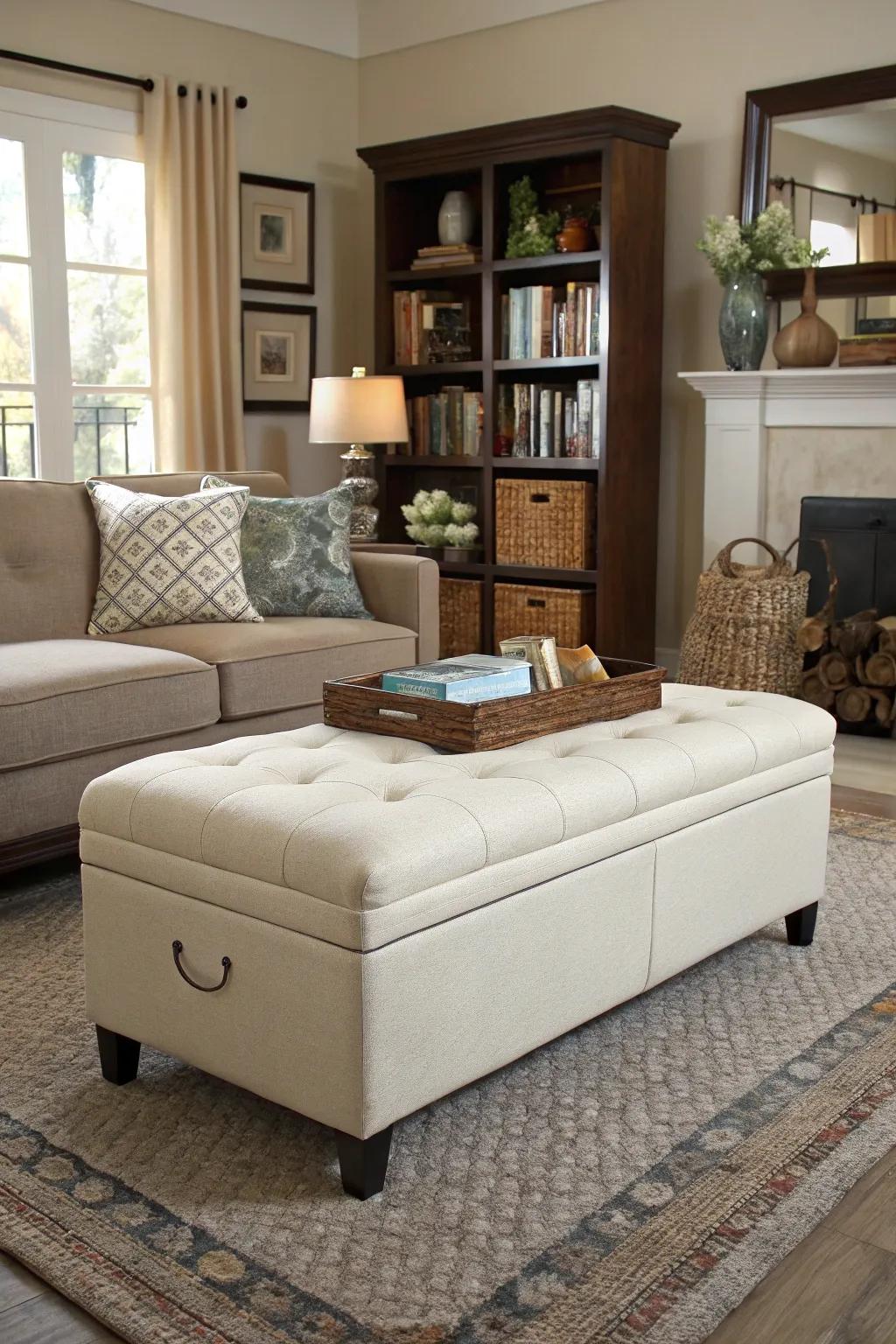 A storage ottoman bench keeps living spaces tidy and stylish.