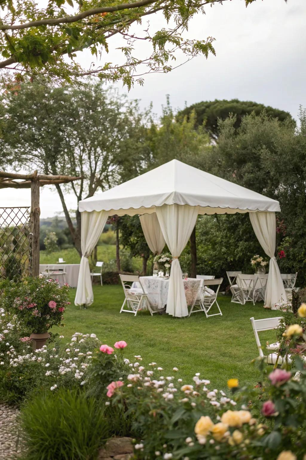 A cozy canopy provides shade and intimacy for outdoor gatherings.