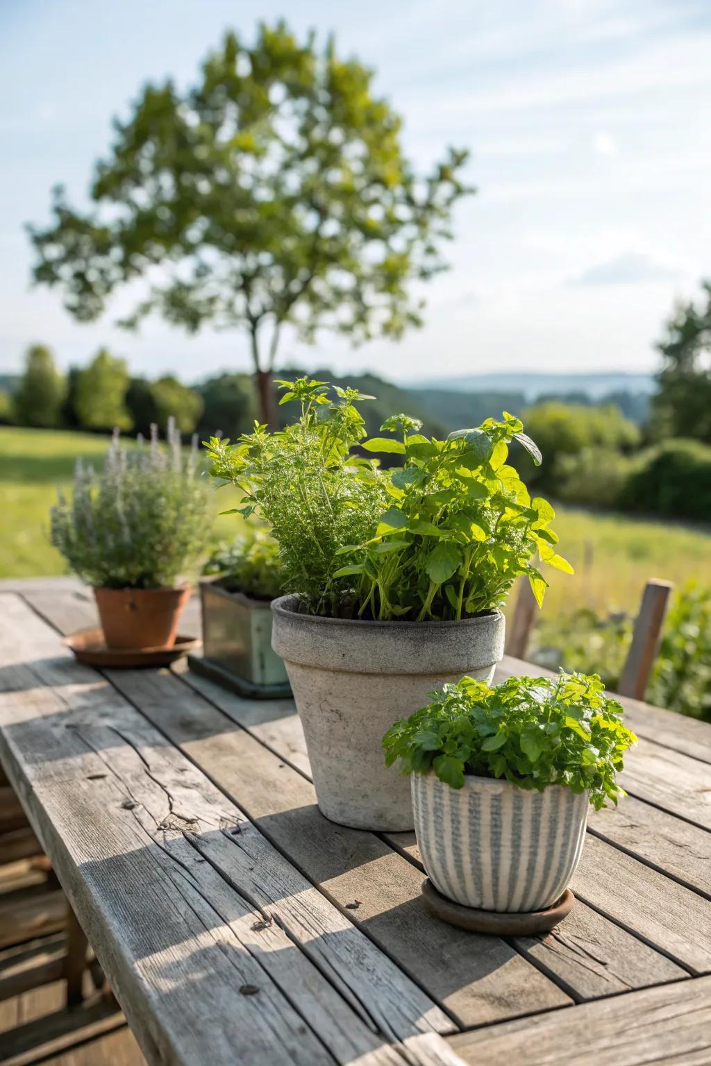 Potted herbs add a delightful aroma and visual appeal.