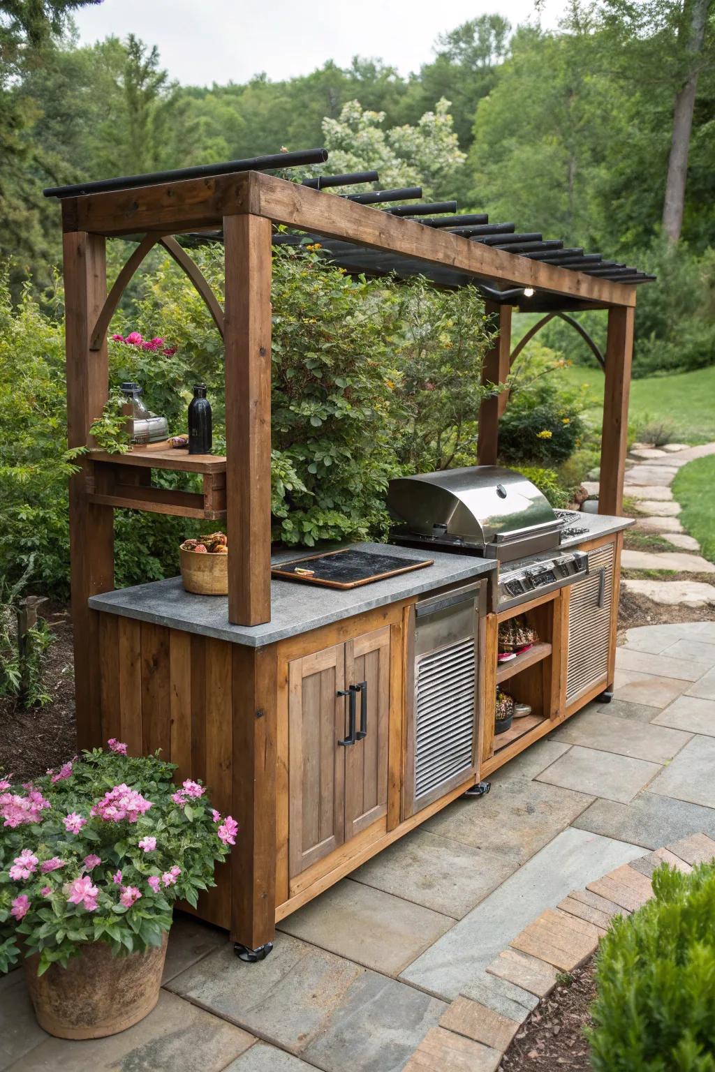 A rustic wood and metal grill station offers durability and style.