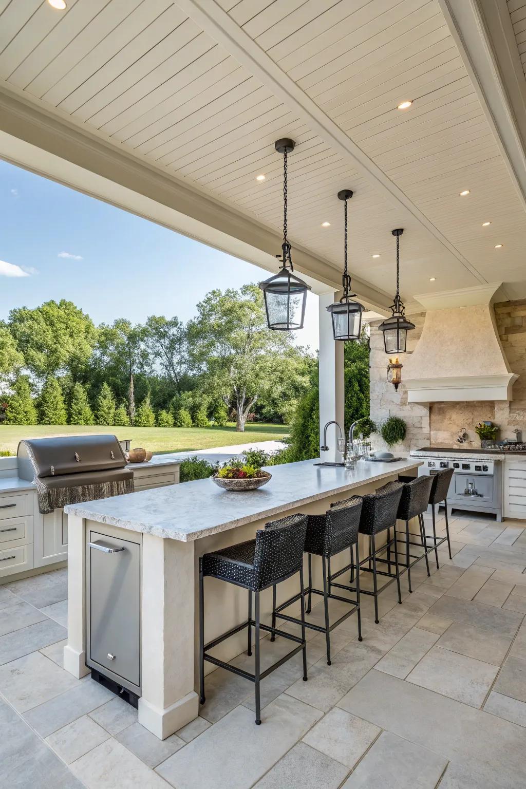 Generous counter space enhances outdoor cooking convenience.