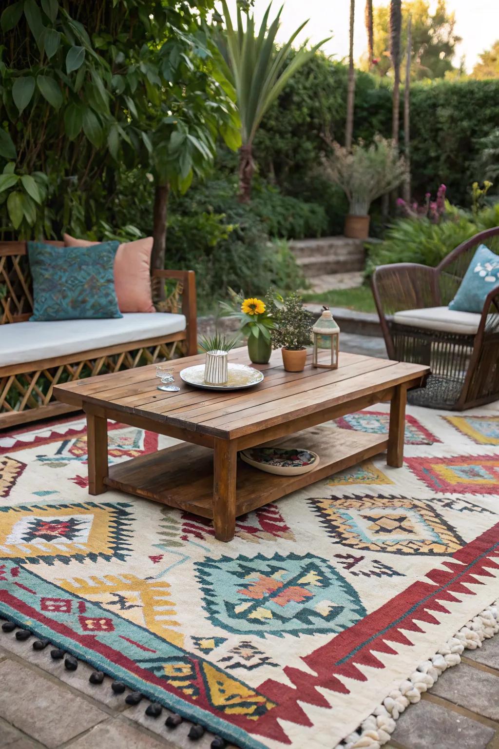 A vibrant rug adds color and definition to your outdoor living space.