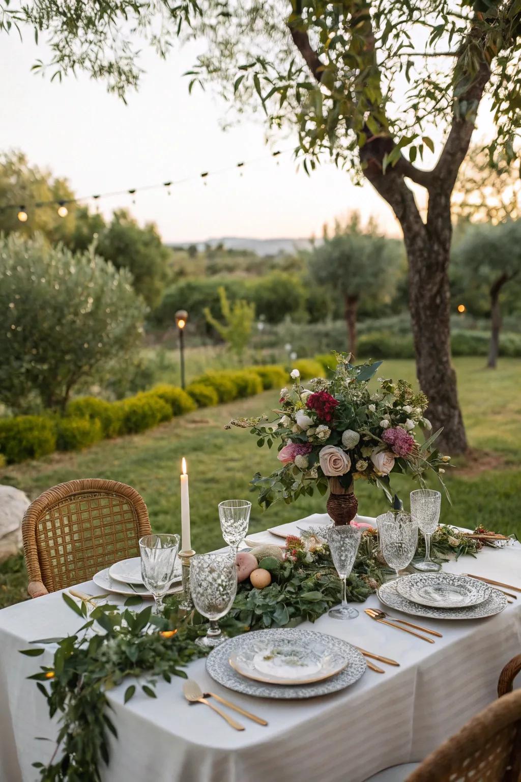 A nature-inspired table setting surrounded by lush greenery.