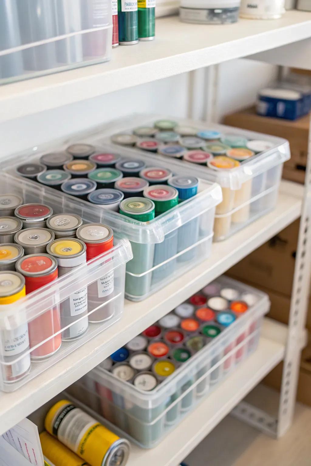 Clear storage bins filled with various paint cans on a shelf.