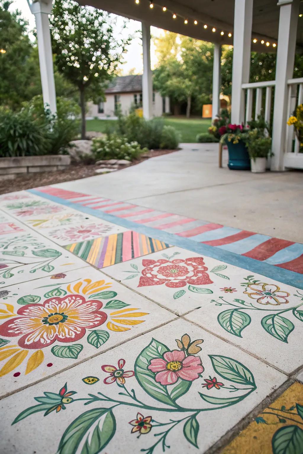 A patio with mixed patterns that reflects a unique artistic flair.