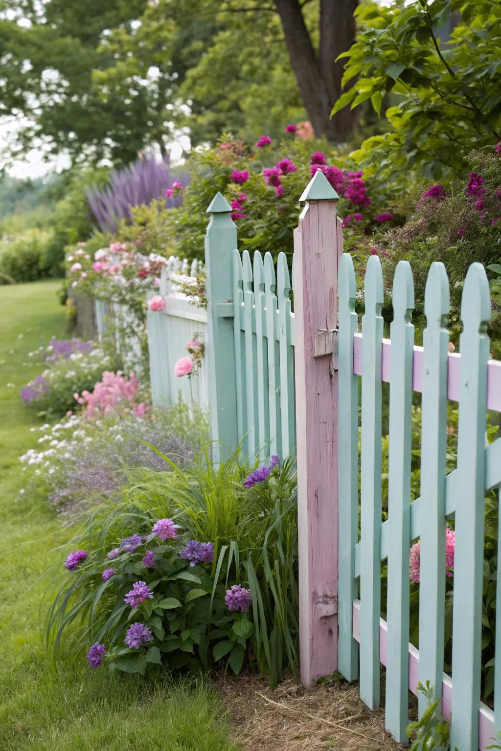 A charming pastel picket fence in a serene garden setting.