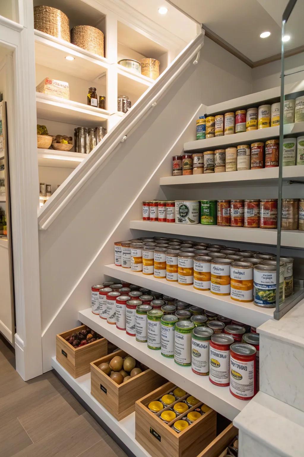 Tiered shelves offer a clear view of all your canned goods.