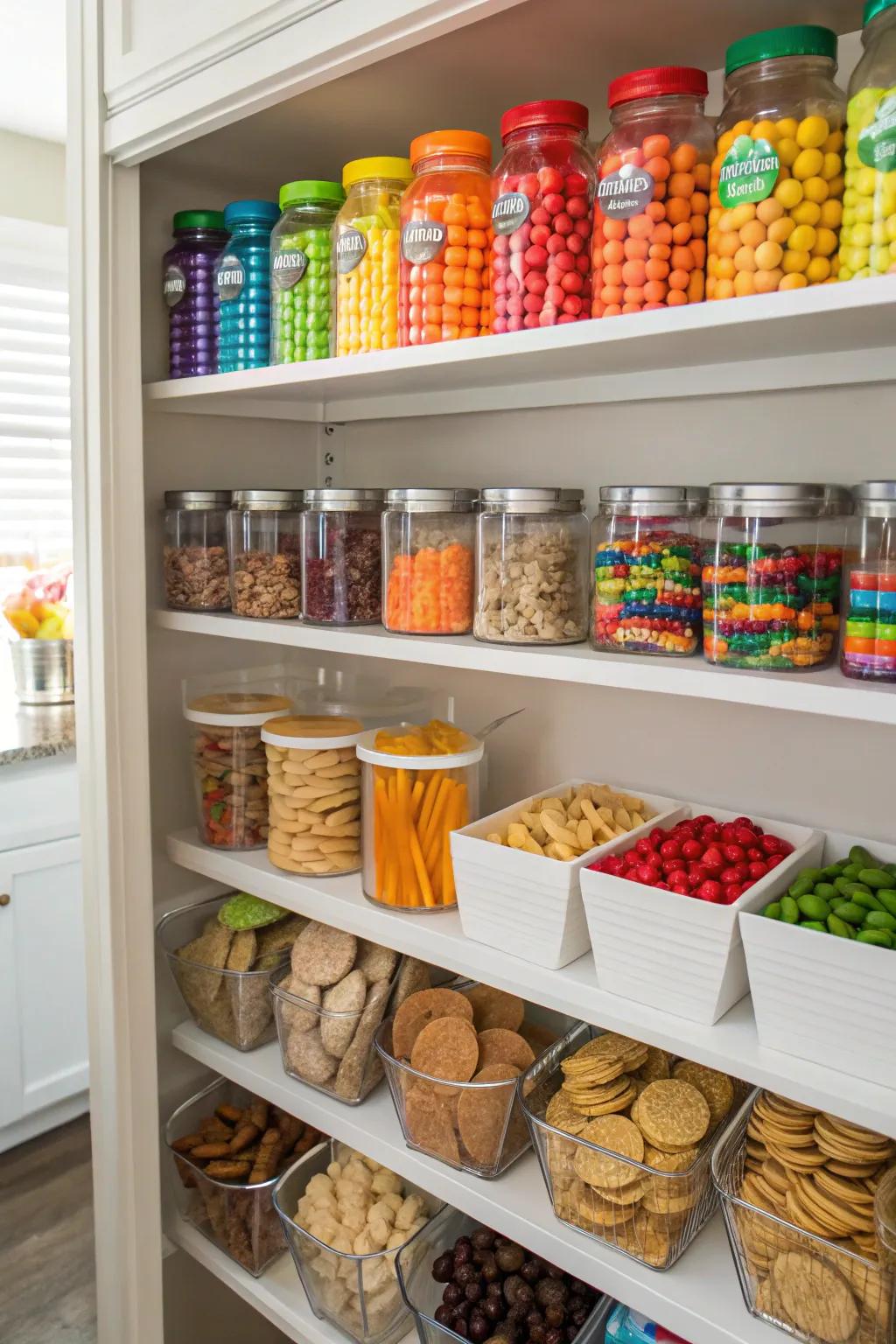 Color-coded zones add a playful and structured touch to snack organization.