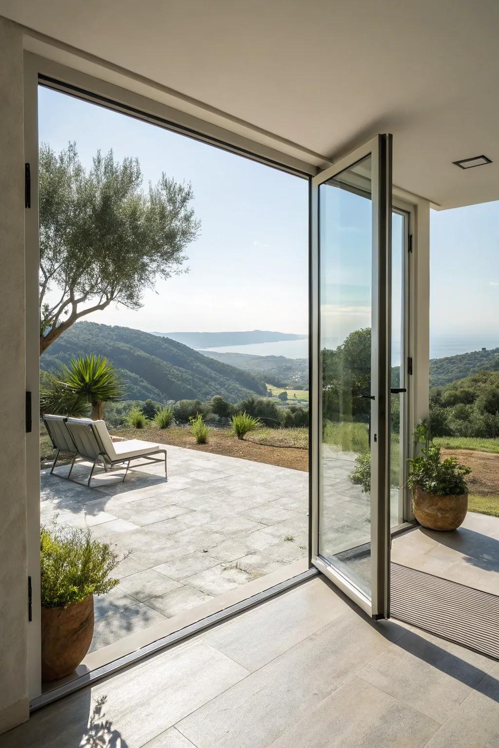 Frameless glass doors blend modern design with uninterrupted views.