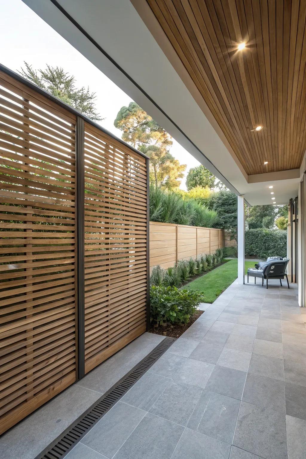 A modern patio with a slatted wood design.