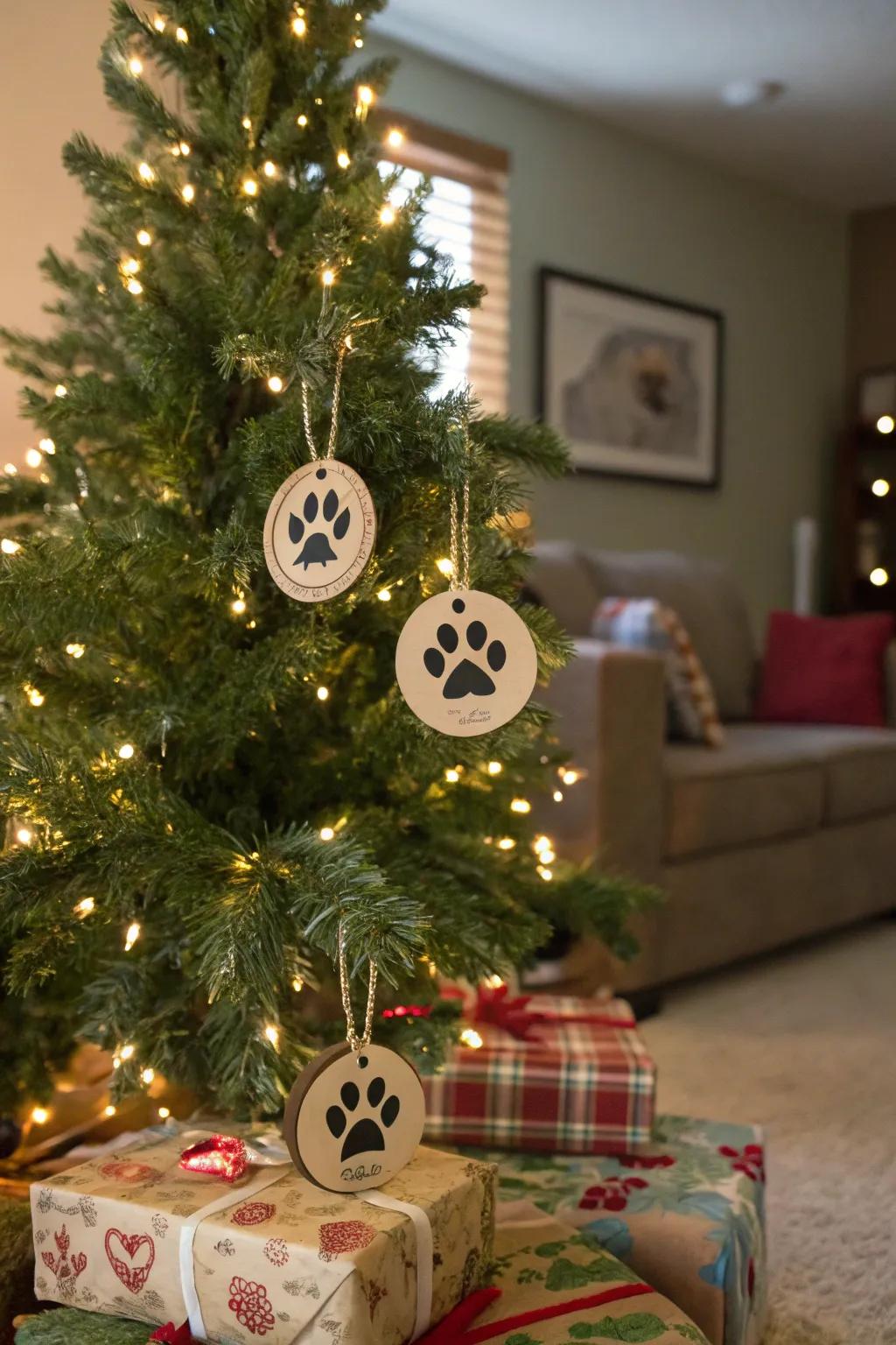 Custom paw print ornaments adding a personal touch to a Christmas tree.