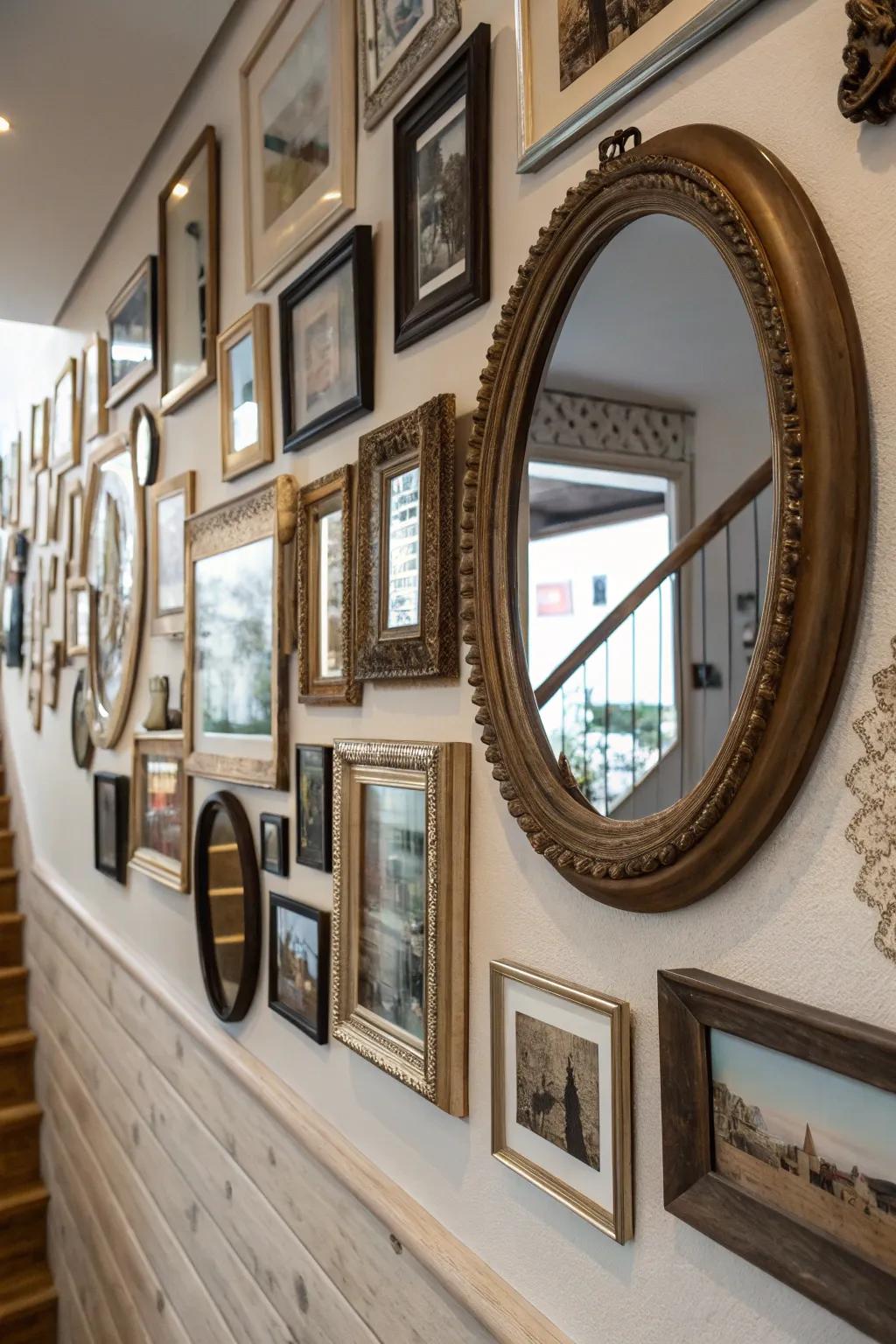 Picture wall featuring mirrors for added depth.