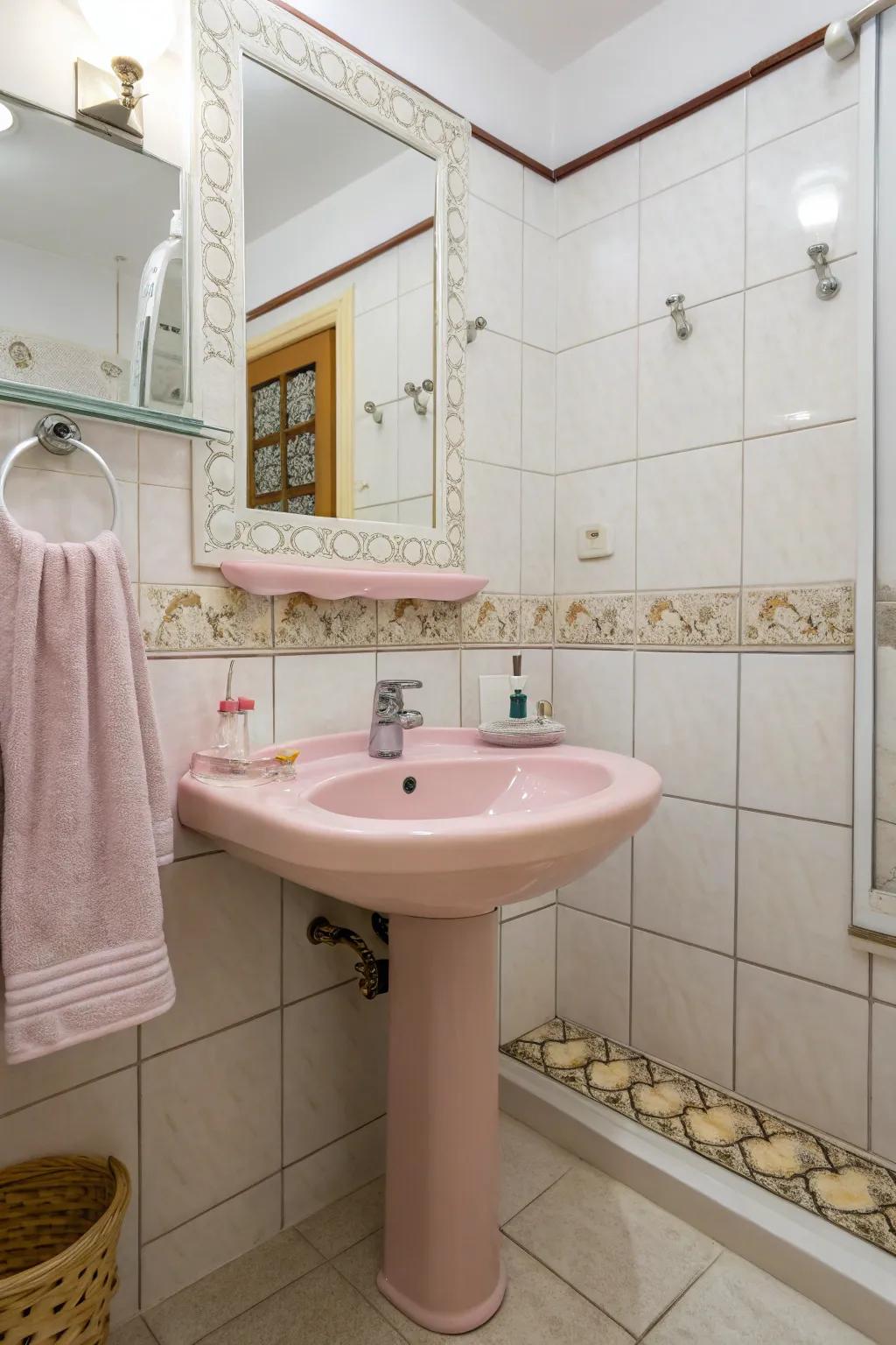 Pink fixtures add a subtle elegance.