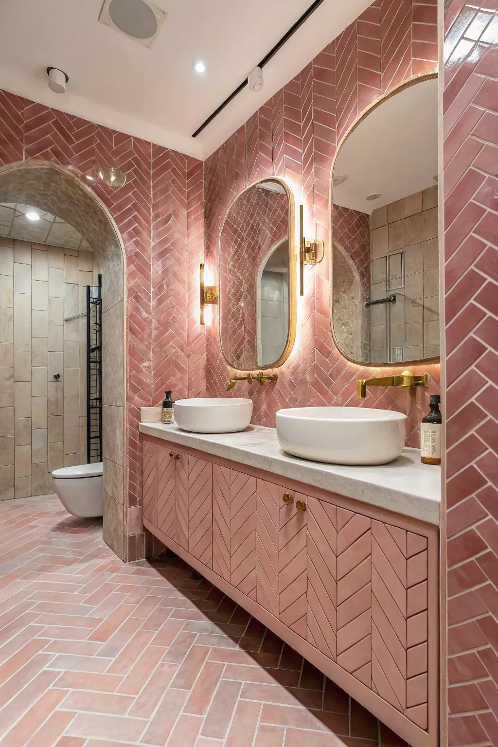 An artistic herringbone pattern of pink tiles in the bathroom.