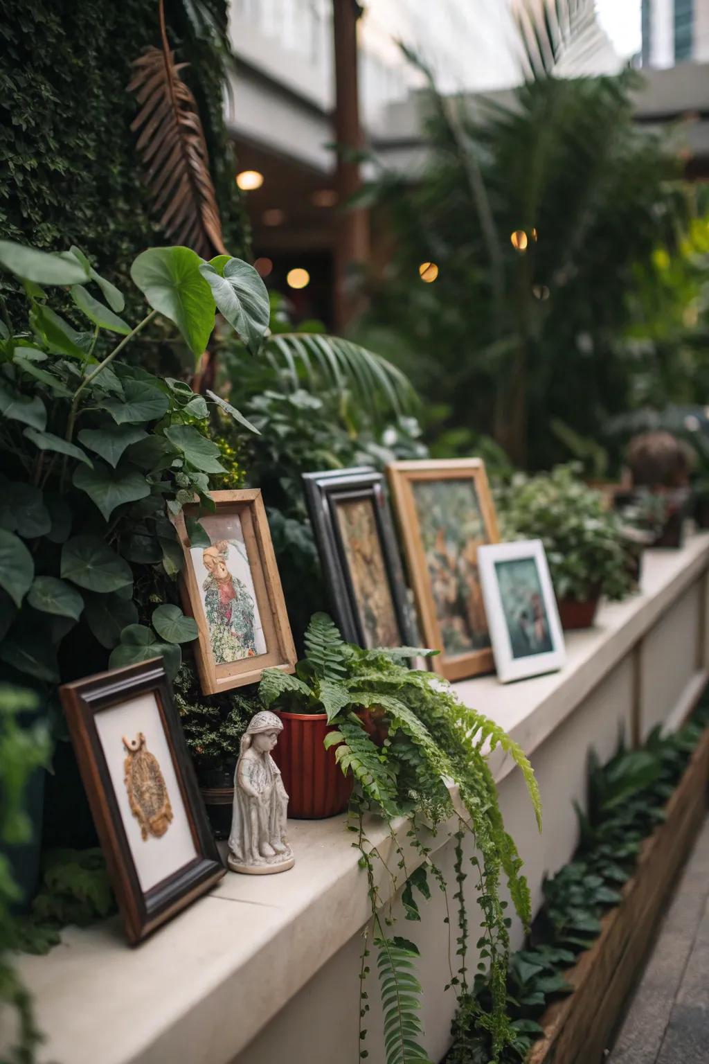 Artwork and sculptures add a personal touch to this plant ledge.