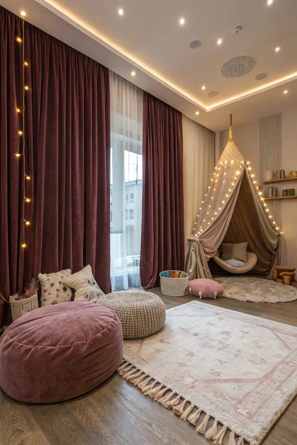 Soft velvet curtains add warmth and comfort to the playroom.