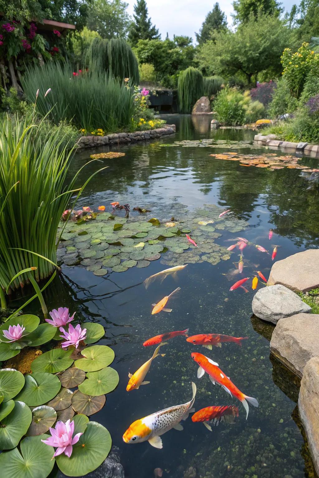 A pond teeming with colorful fish, creating a lively ecosystem.