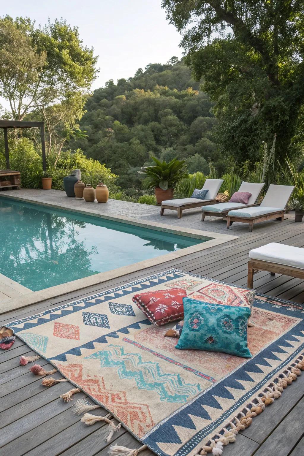 Cozy accents with outdoor rugs and pillows for a homey feel.