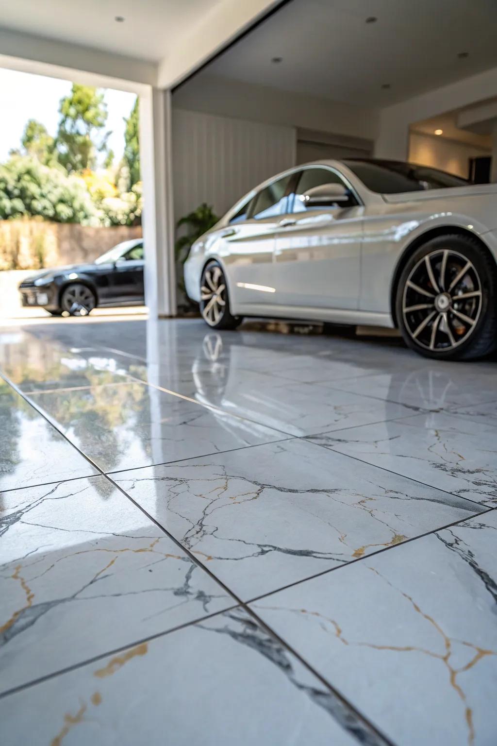 Bring luxury into your garage with marble-look porcelain tiles.