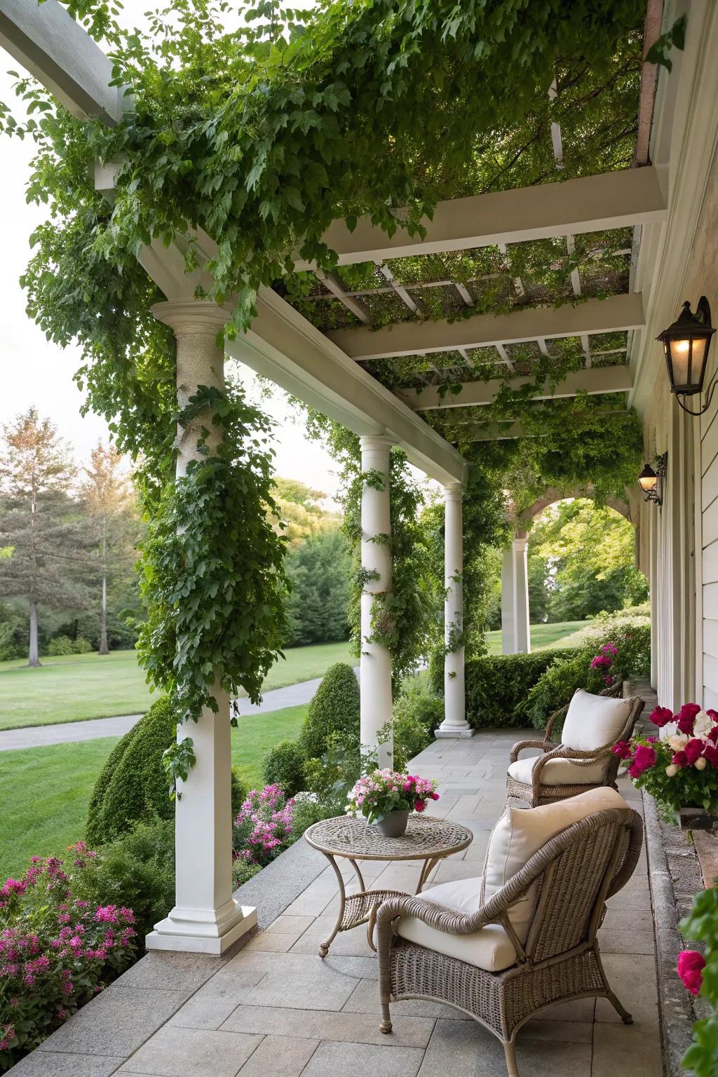 Graceful and airy, a pergola style porch roof.