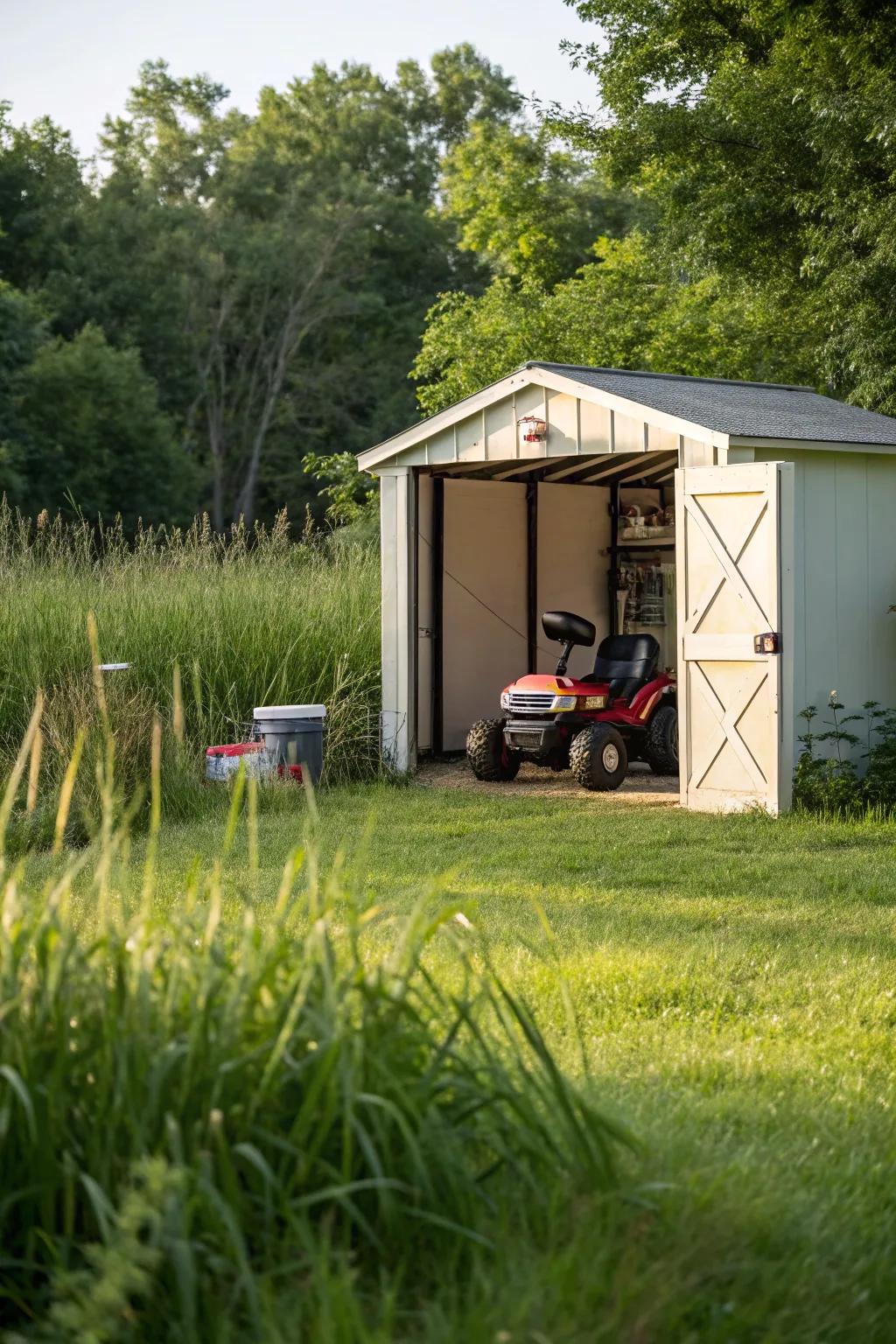 Outdoor storage shed providing protection for power wheels.