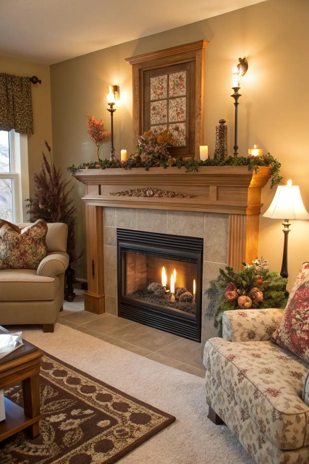 A cozy living room with a propane fireplace and charming mantel decor.