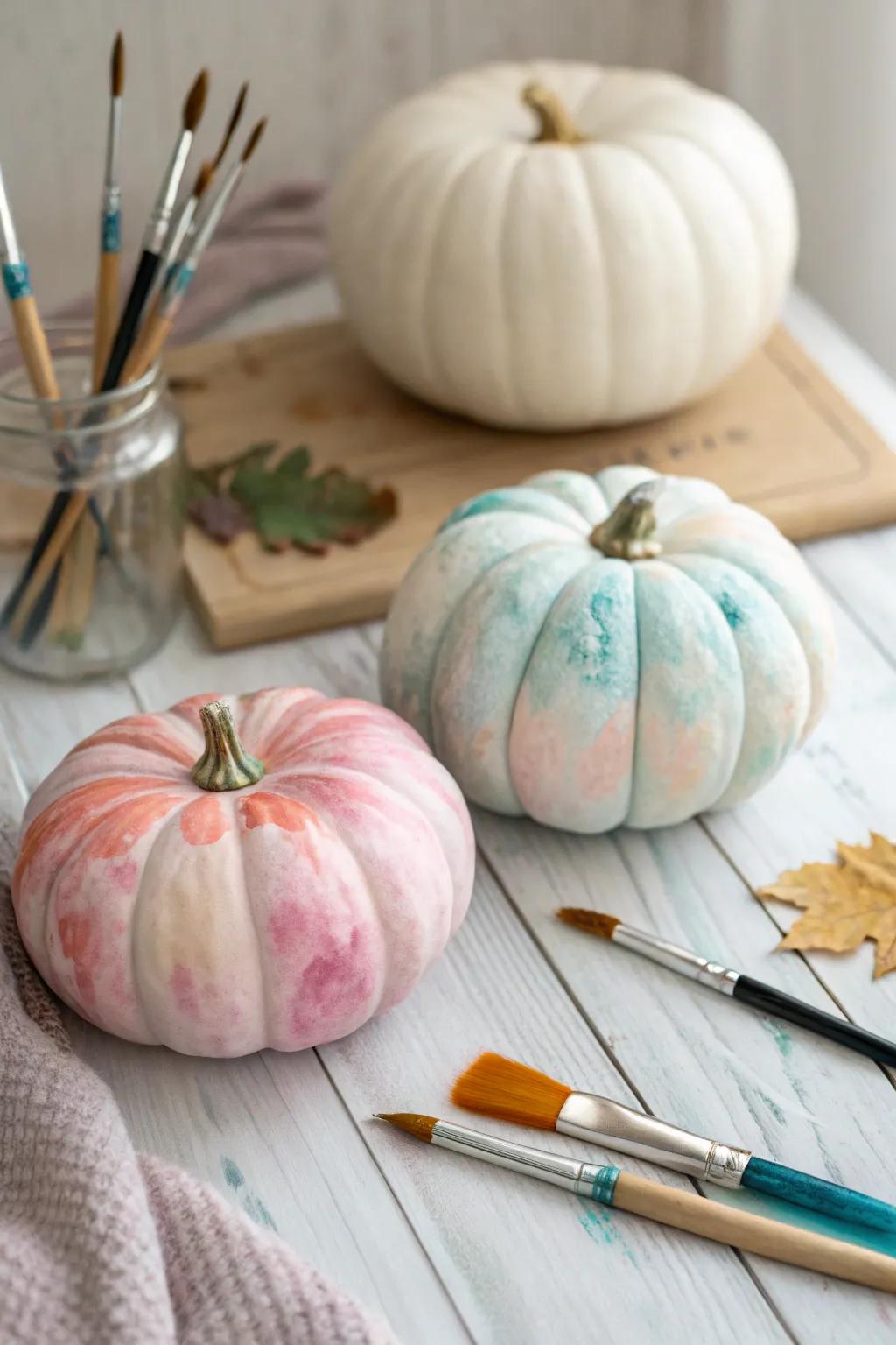 Achieve an artistic look with watercolor wash pumpkin designs.