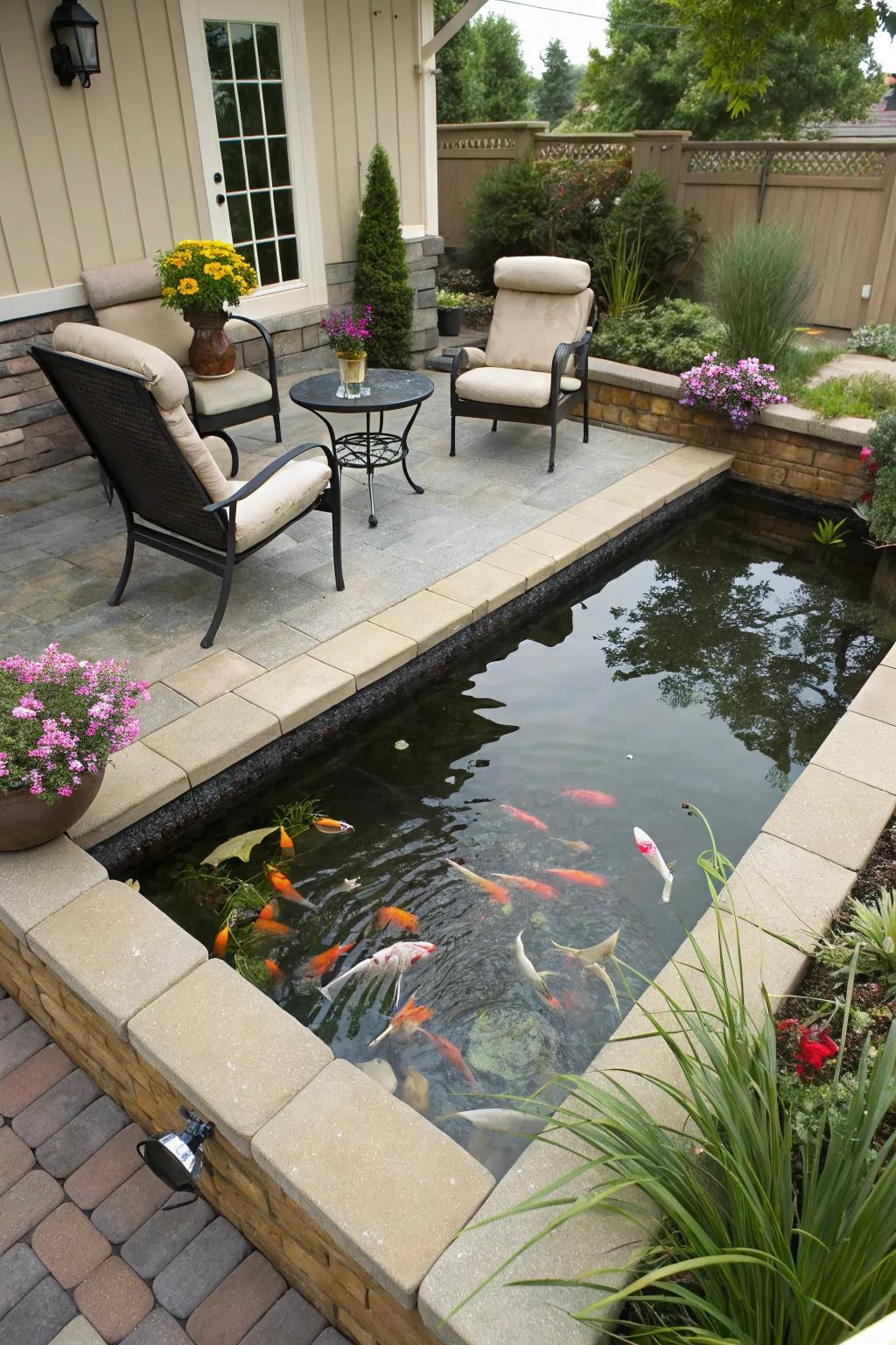 A raised koi pond perfectly situated next to a cozy patio.