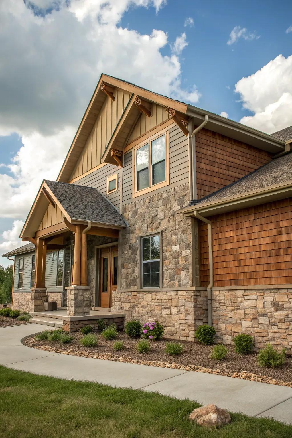 A blend of materials adds depth and interest to this ranch house.